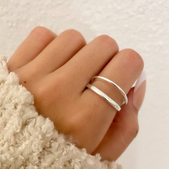 925 Sterling Silver Dainty Minimalist Stackable Ring Two Layer Ring - Picture 7 of 9